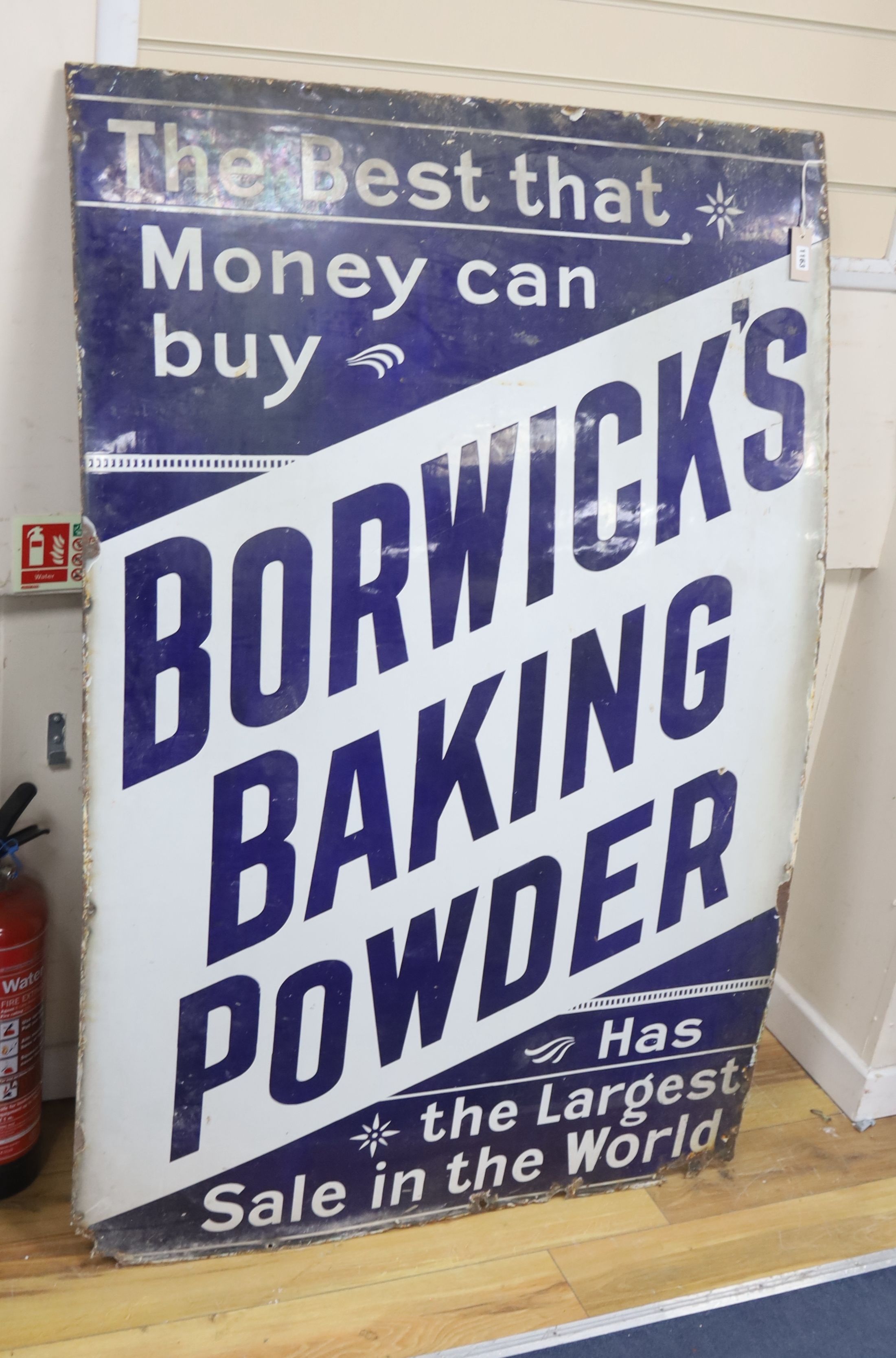A large vintage enamelled advertising sign for Borwick's Baking Powder, width 102cm, height 154cm